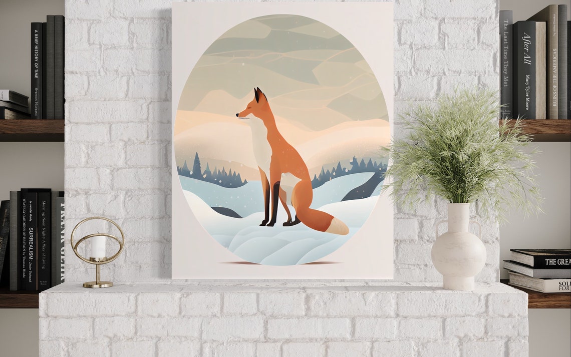 Red Fox Sitting Quietly in a Snowy Mountain Circle Art Poster - Image 3