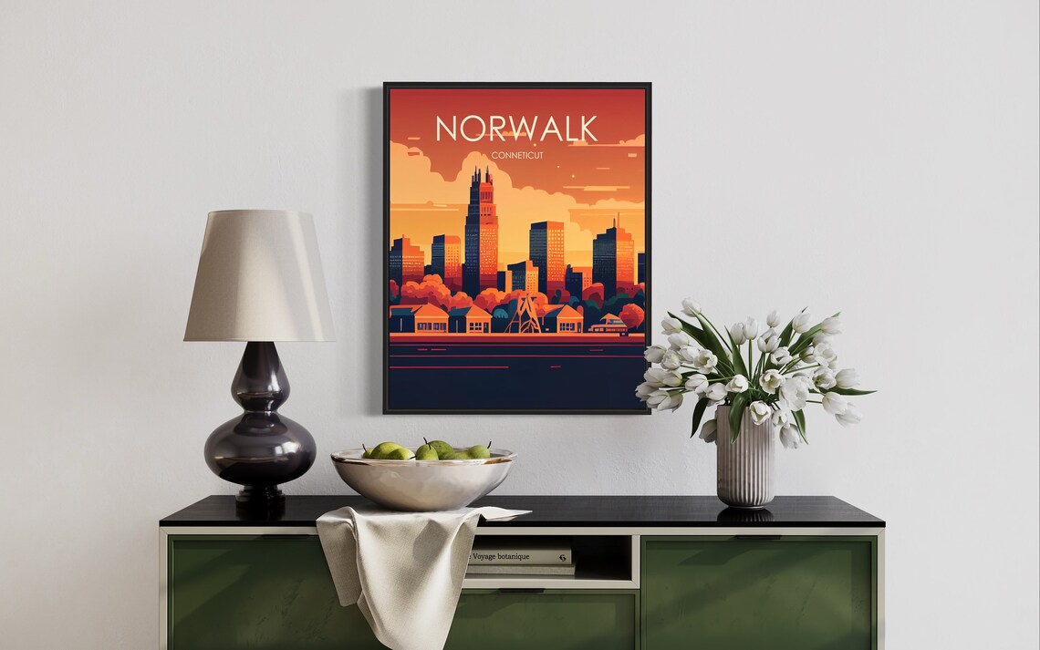 Norwalk Connecticut Sunset Skyline Harbor Retro Travel Poster - Image 2