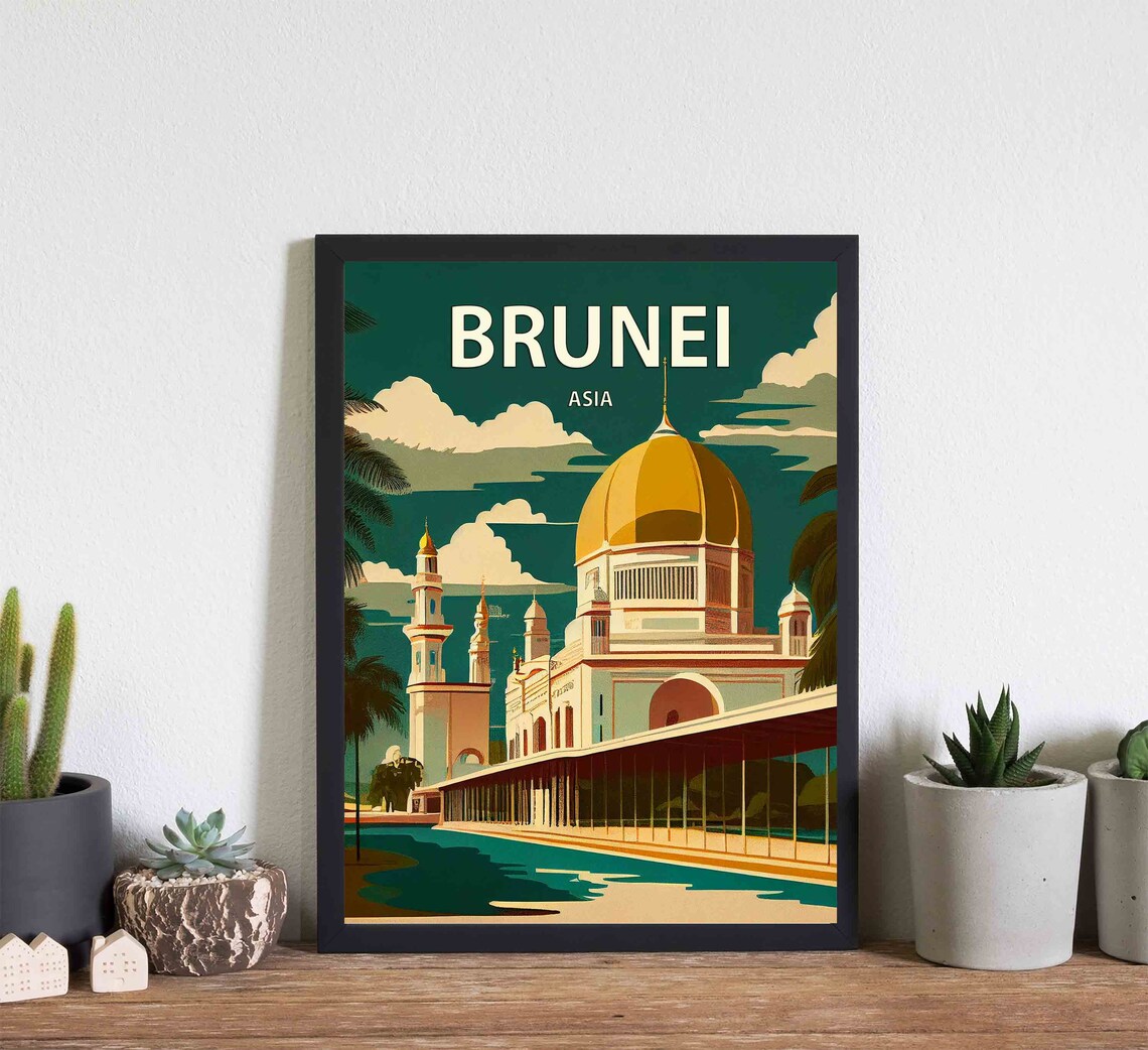 Brunei Asia Golden Dome Mosque Vintage Travel Poster Artwork - Image 3