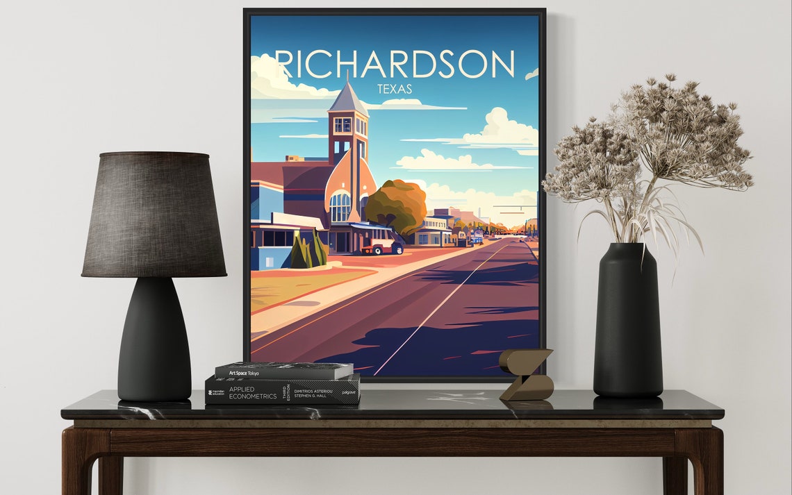 Richardson Texas Main Street Clock Tower Vintage Scene Poster - Image 2
