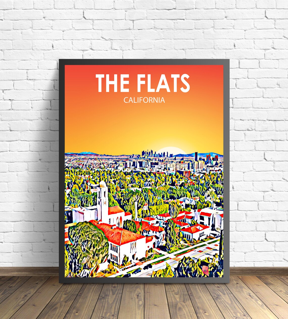 The Flats California Sunset Red Roof Neighborhood Skyline Art Poster