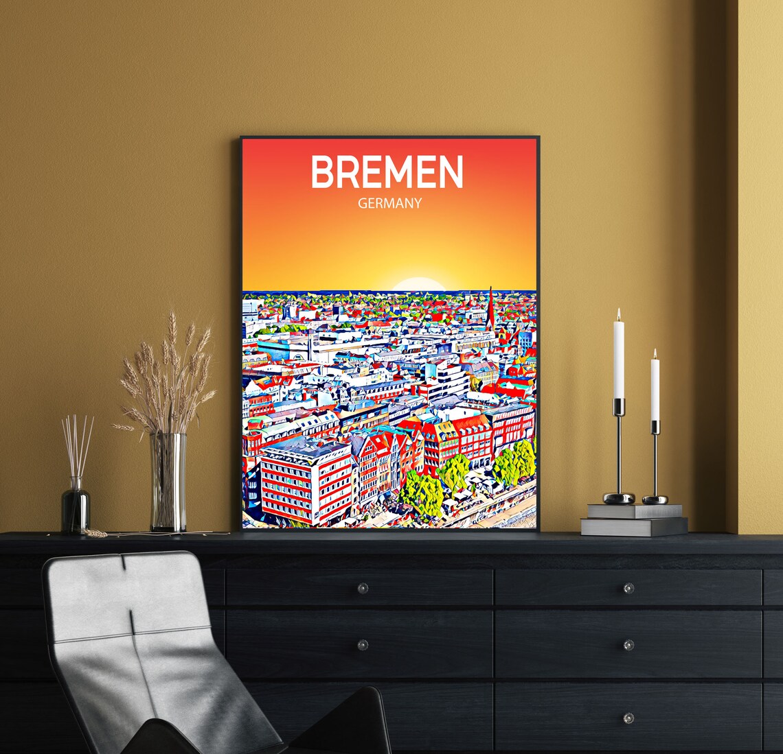 Bremen Germany Sunset Skyline Old Town Sketch Travel Poster Art - Image 2