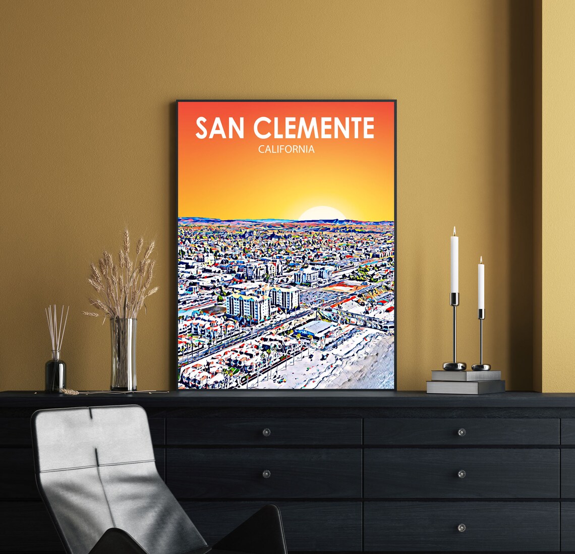 San Clemente California Colorful Sunset Skyline City Travel Poster - Image 3