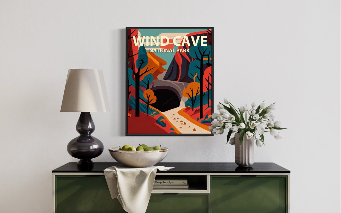 Wind Cave National Park Dark Cavern Entrance Forest Retro Poster - Image 3