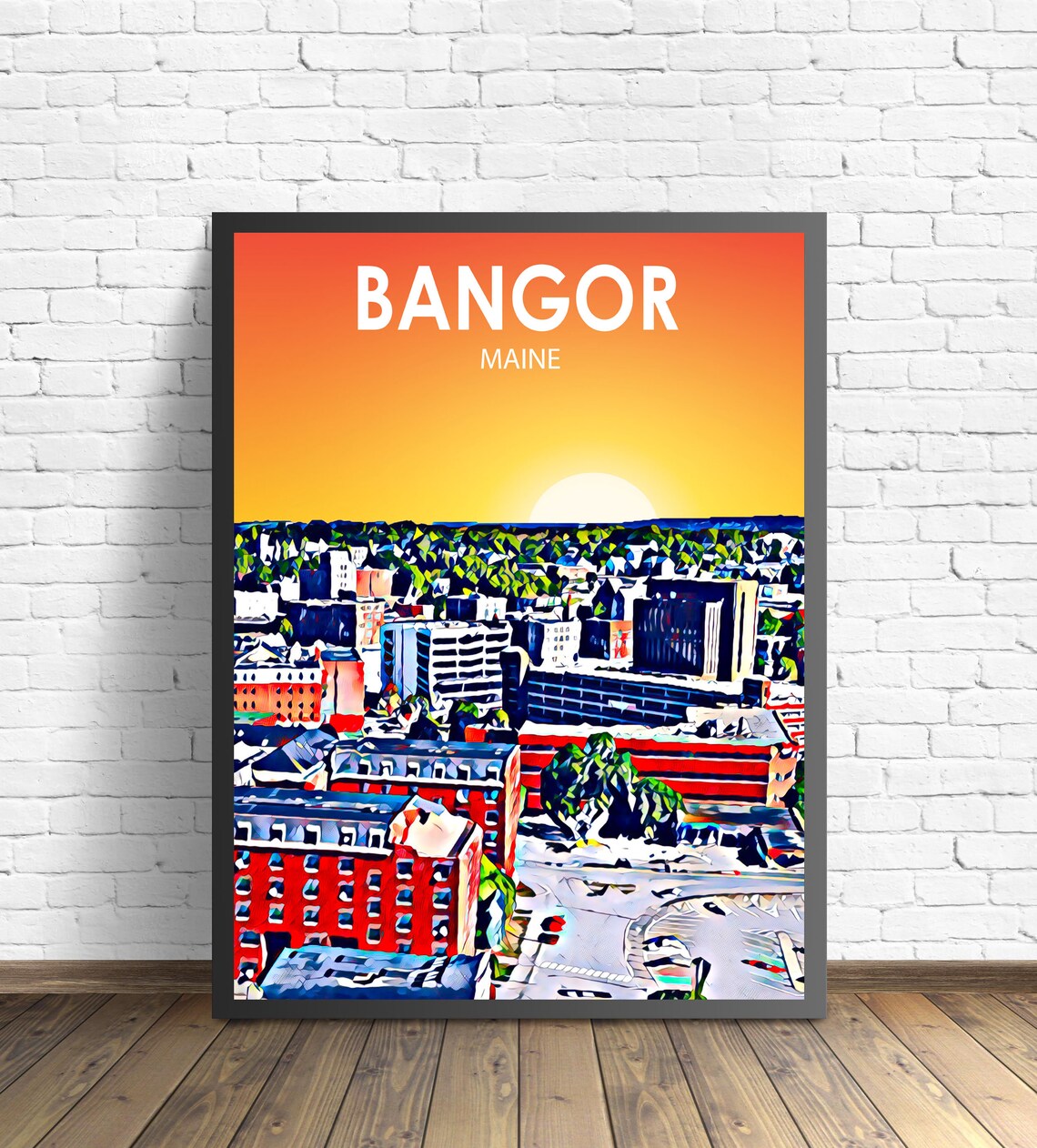 Bangor Maine Art Poster Sunset Night Landscape Poster Print Bangor City Framed Wall Art United States Colorful Skyline Sketch Home Decor