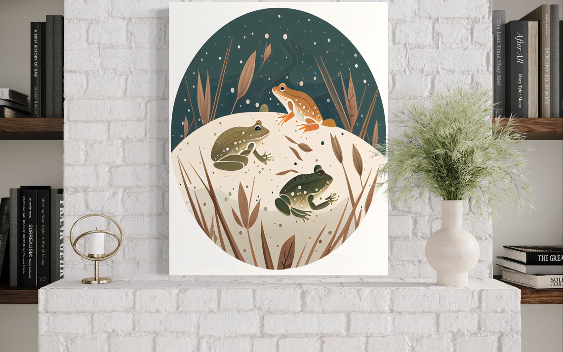 Three Frogs Resting on a Lily Pad at Night Circle Art Poster - Image 3
