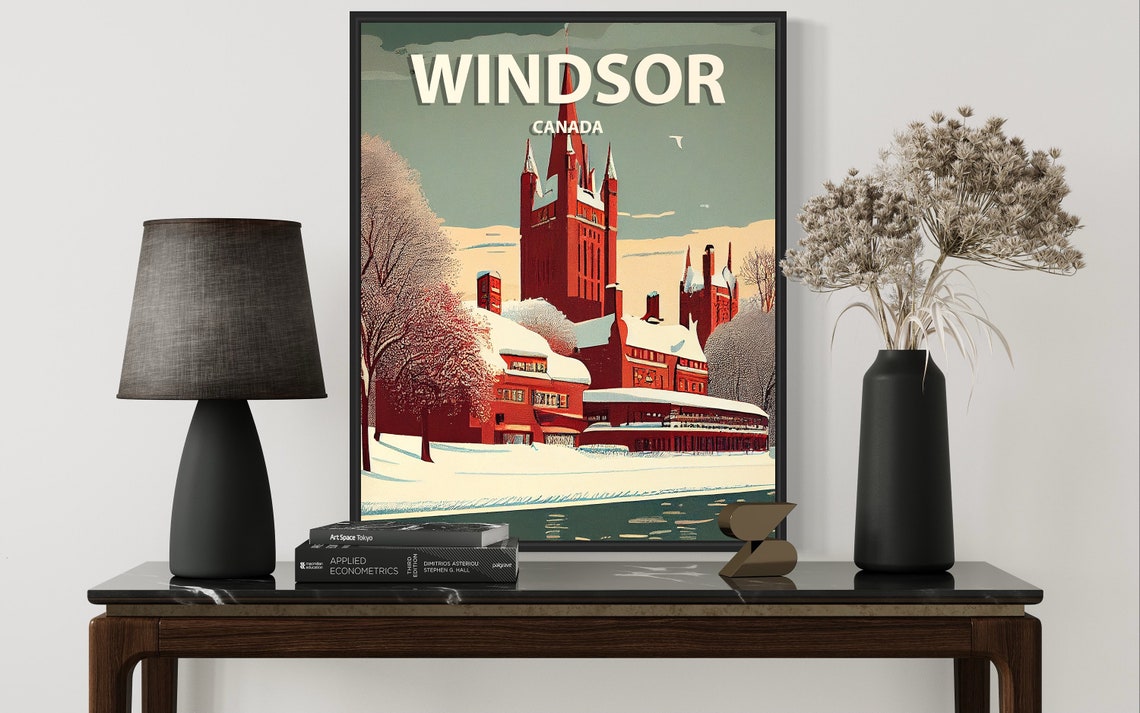 Windsor Canada Snowy Winter Church Scene Retro Travel Poster - Image 3