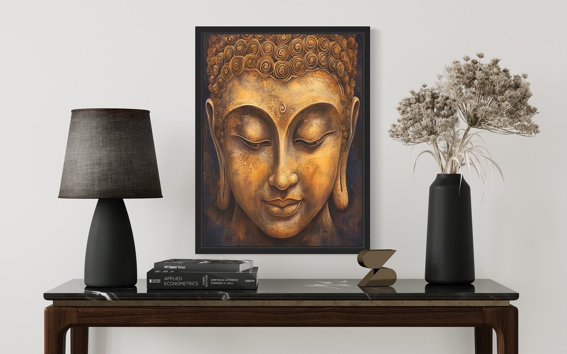Weathered Antique Bronze Buddha Head in Serene Meditation Poster - Image 2