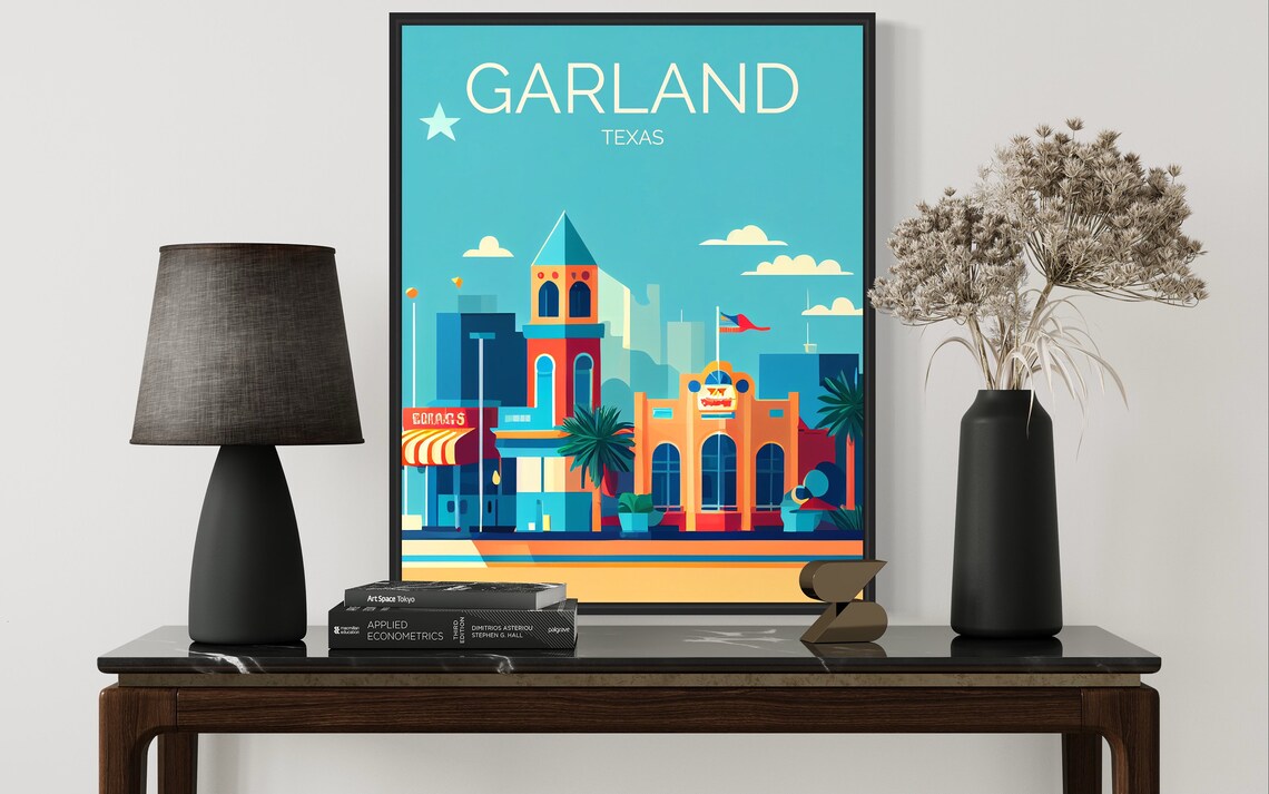Garland Texas Downtown Clock Tower Retro Skyline Travel Poster - Image 3