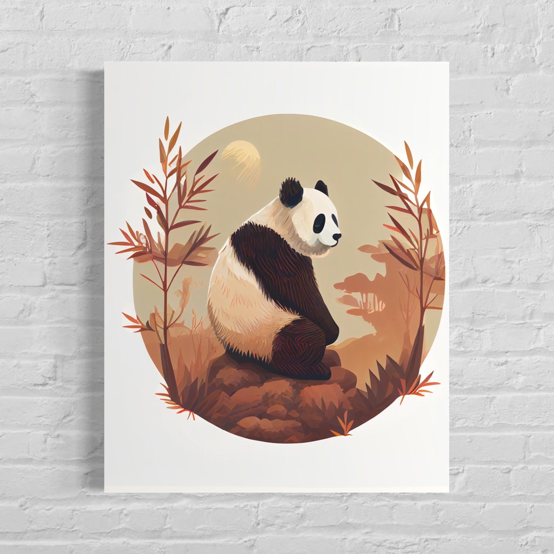 Giant Panda Resting Among Autumn Bamboo Warm Retro Art Poster