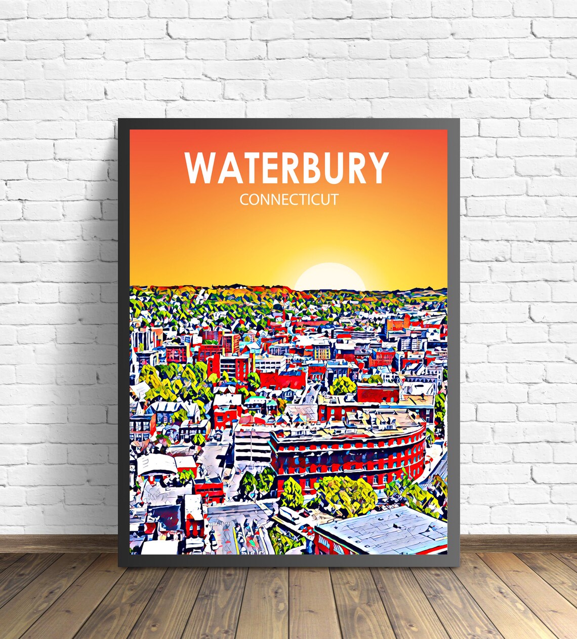 Waterbury Connecticut Sunset Brick Downtown Skyline Painted Poster