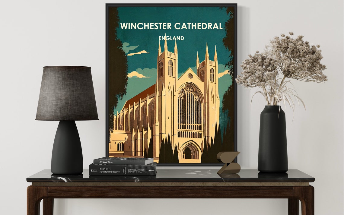 Winchester Cathedral England Gothic Night Sky Retro Art Poster - Image 3