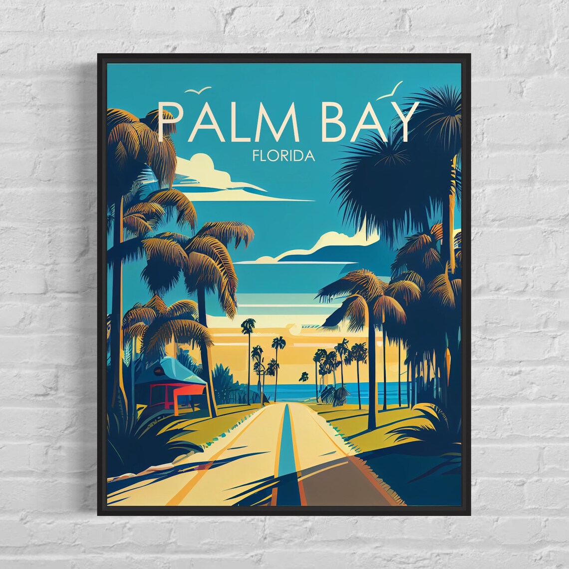 Palm Bay Florida Beach Road Palms Golden Coast Travel Poster