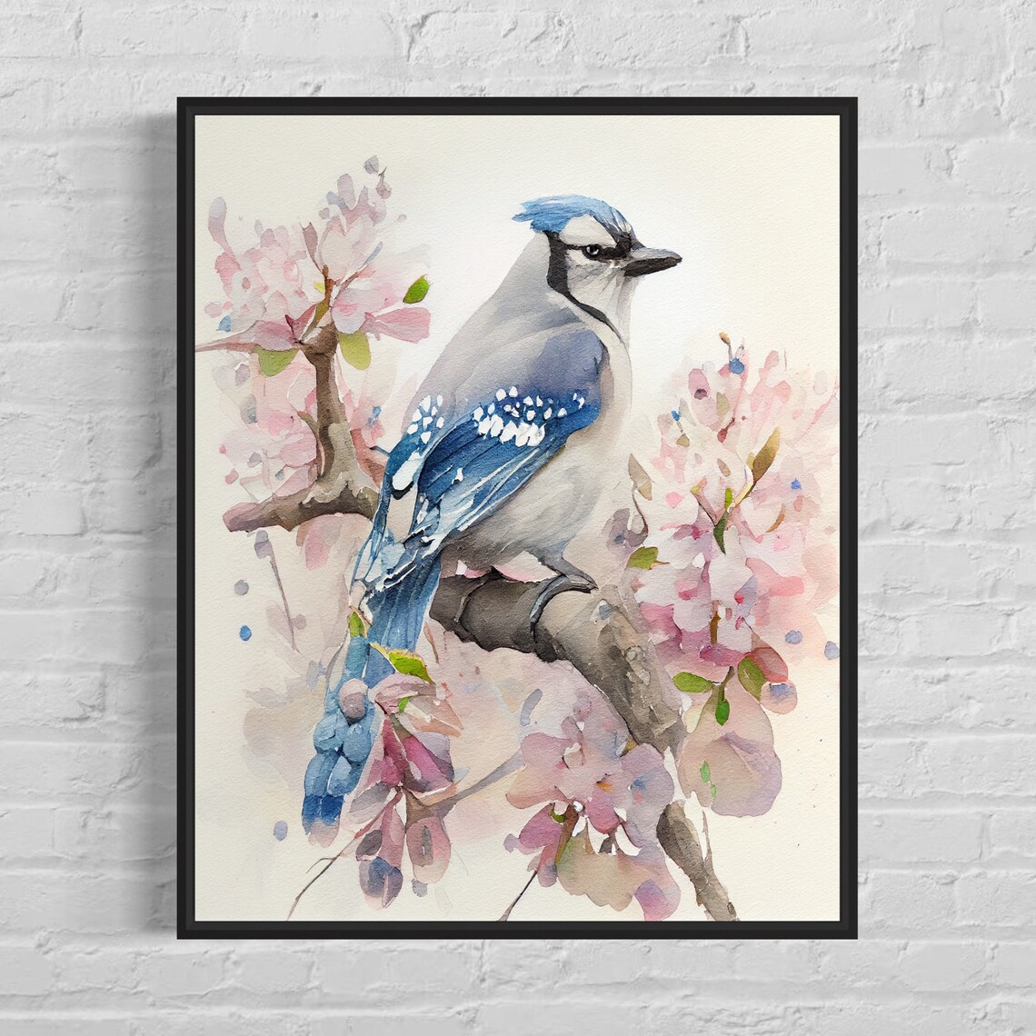 Elegant Blue Jay Watercolor on Pink Blossom Branch Art Poster