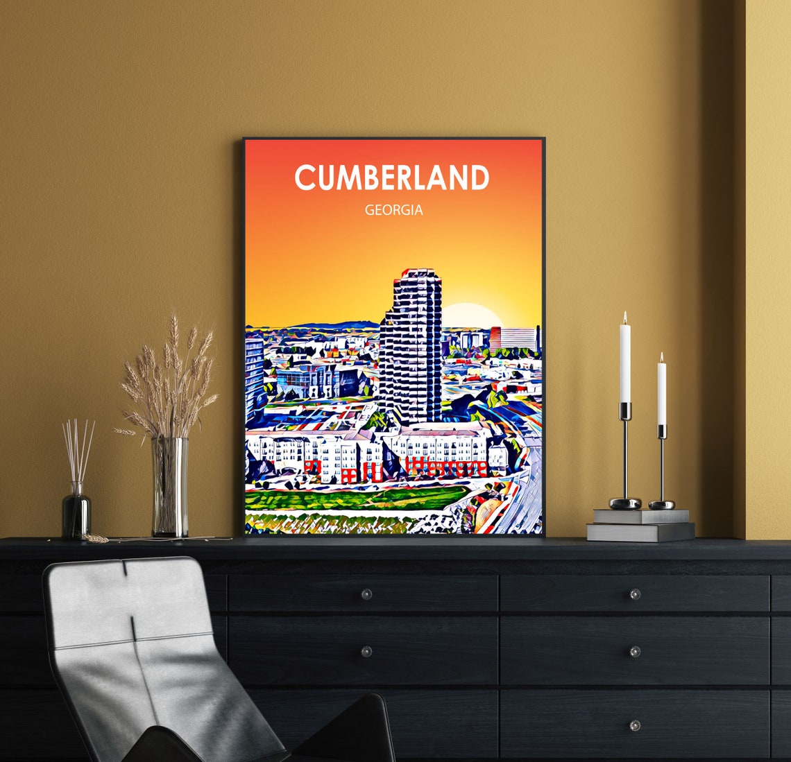 Cumberland Vinings Georgia Art Poster Sunset Landscape Poster Print Cumberland Wall Art United States Colorful Skyline Sketch Photo - Image 2