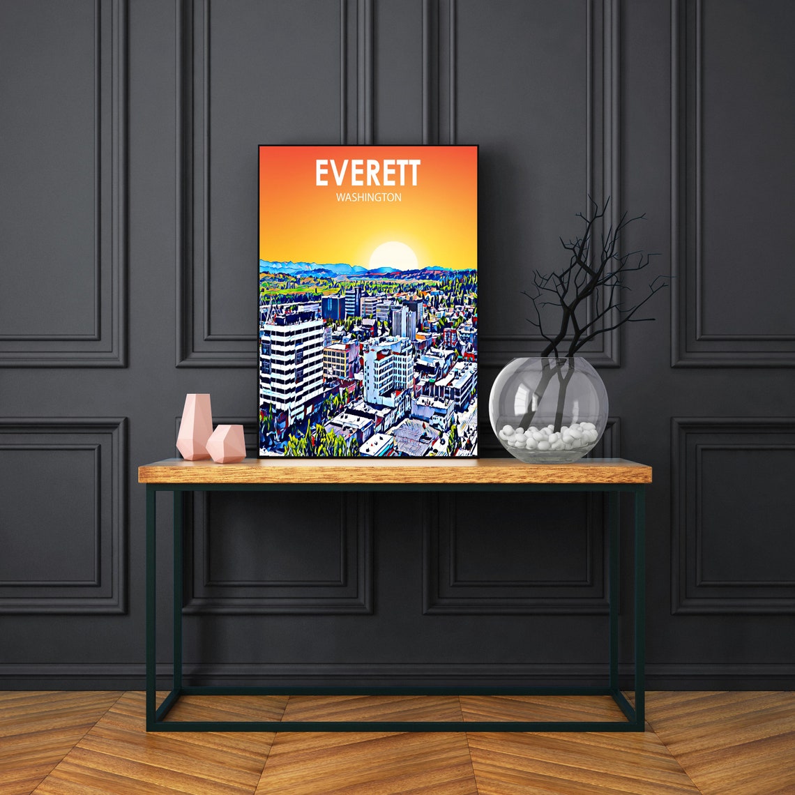 Everett Washington Sunset Skyline Mountain Foothills Sketch Poster - Image 3
