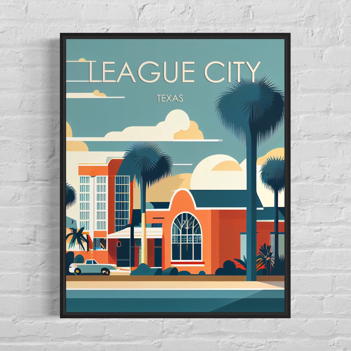 League City Texas Sunny Retro Palms Downtown Street Travel Poster