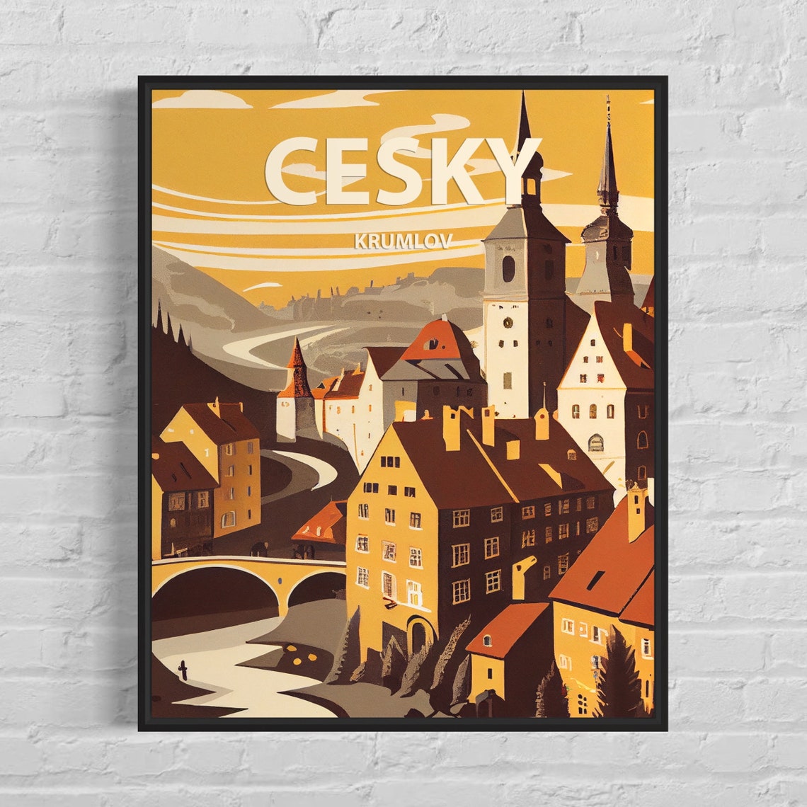 Cesky Krumlov Czech Old Town River Bend Vintage Travel Poster