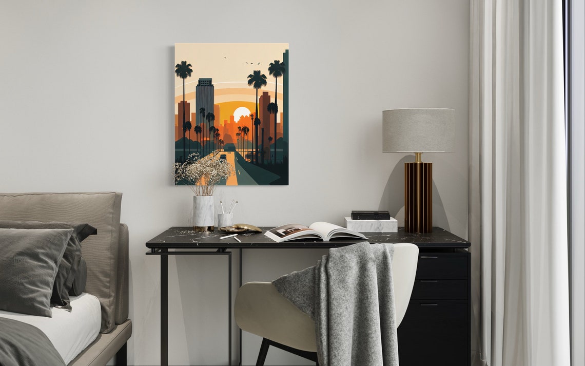 Los Angeles Sunset Palm Tree Boulevard Downtown Skyline Poster - Image 2