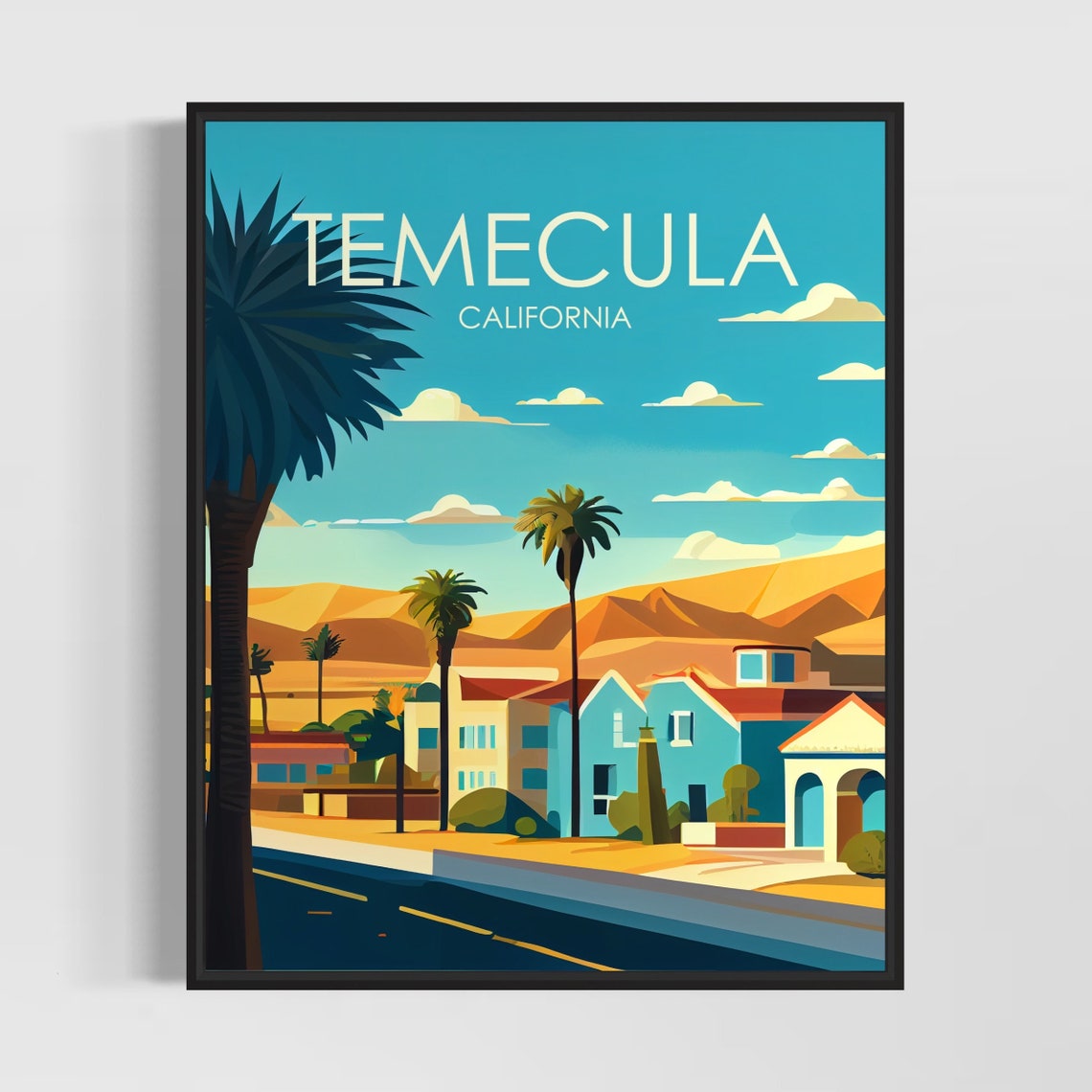 Sunny Temecula California Retro Street Scene With Palms Poster