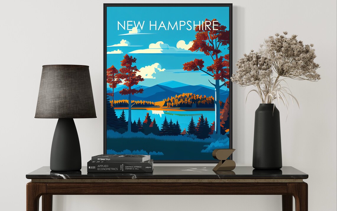 New Hampshire Autumn Lake And Mountains Retro Scenic Travel Poster - Image 2