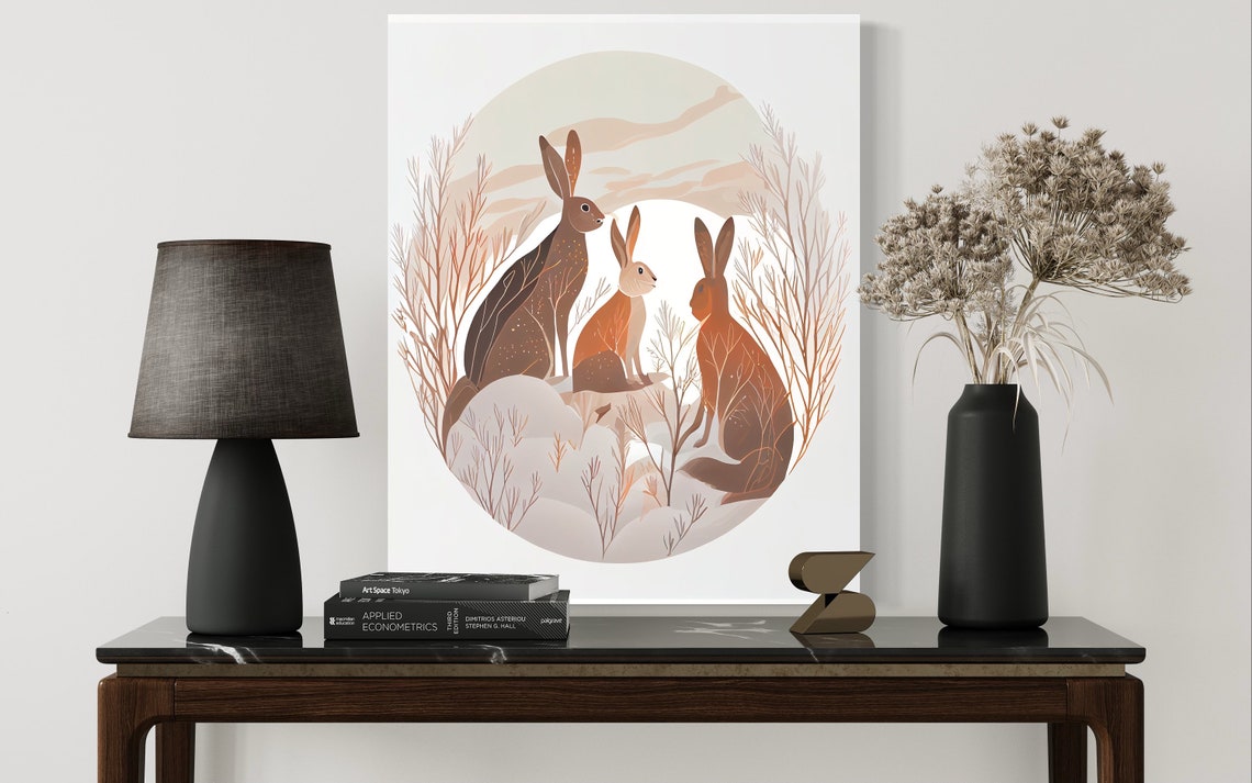 Three Hares Gathered in Autumn Forest Minimal Circle Art Poster - Image 2