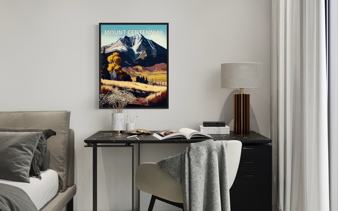 Mount Centennial Twin Snowy Peaks Golden Field Retro Travel Poster - Image 2