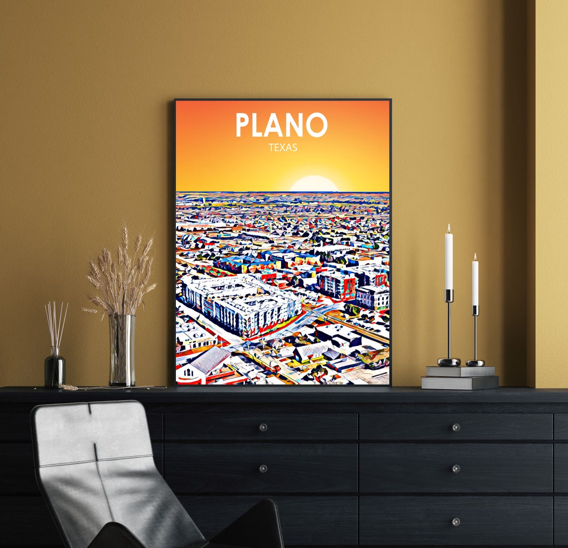 Framed Plano Texas Colorful Sunset Skyline City Travel Poster - Image 2