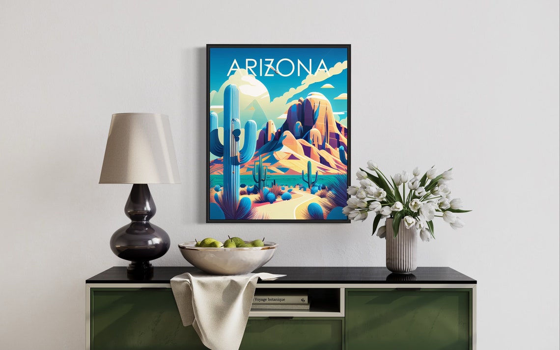 Arizona Desert Saguaro Cactus Mountain Retro Illustration Poster - Image 3
