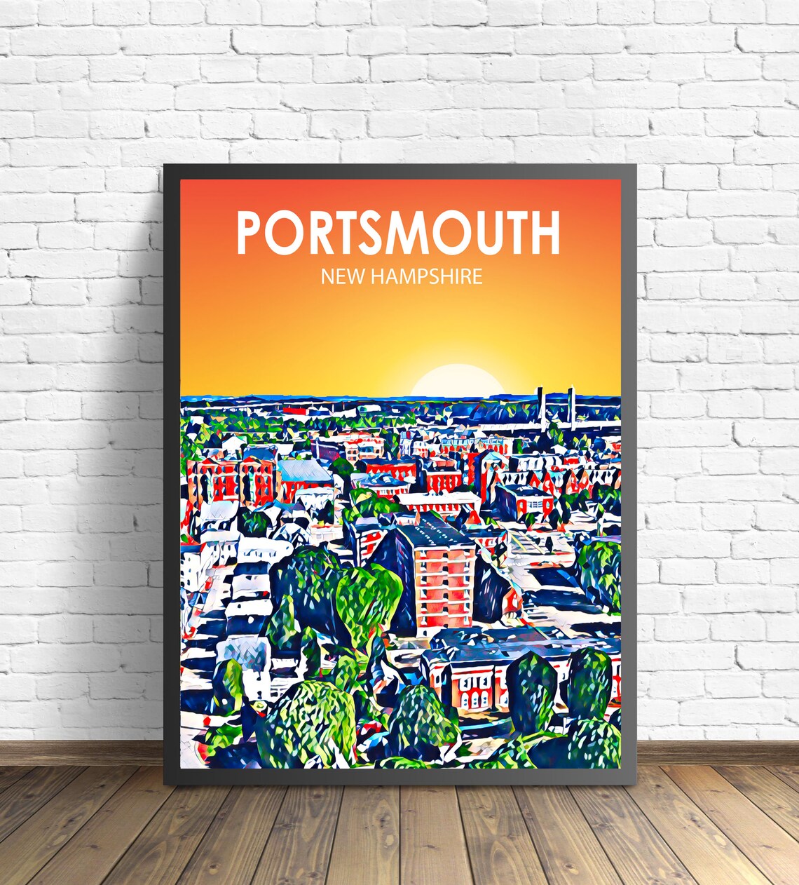 Portsmouth New Hampshire Sunset Cityscape Bridge Painted Art Poster