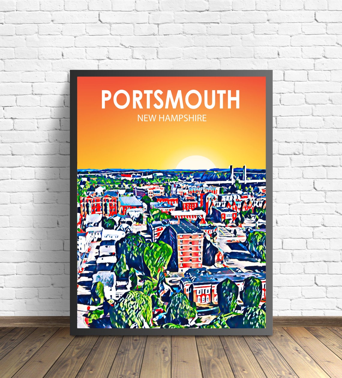 Portsmouth Nh Art Poster New Hampshire Sunset Landscape Poster Print Portsmouth City Wall Art Colorful Skyline Sketch Photo