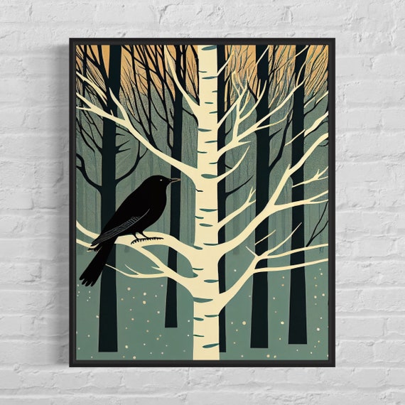 Crow And Birch Tree Retro Art Print Crow And Birch Tree Illustration Crow And Birch Tree Vintage Minimal Design Poster