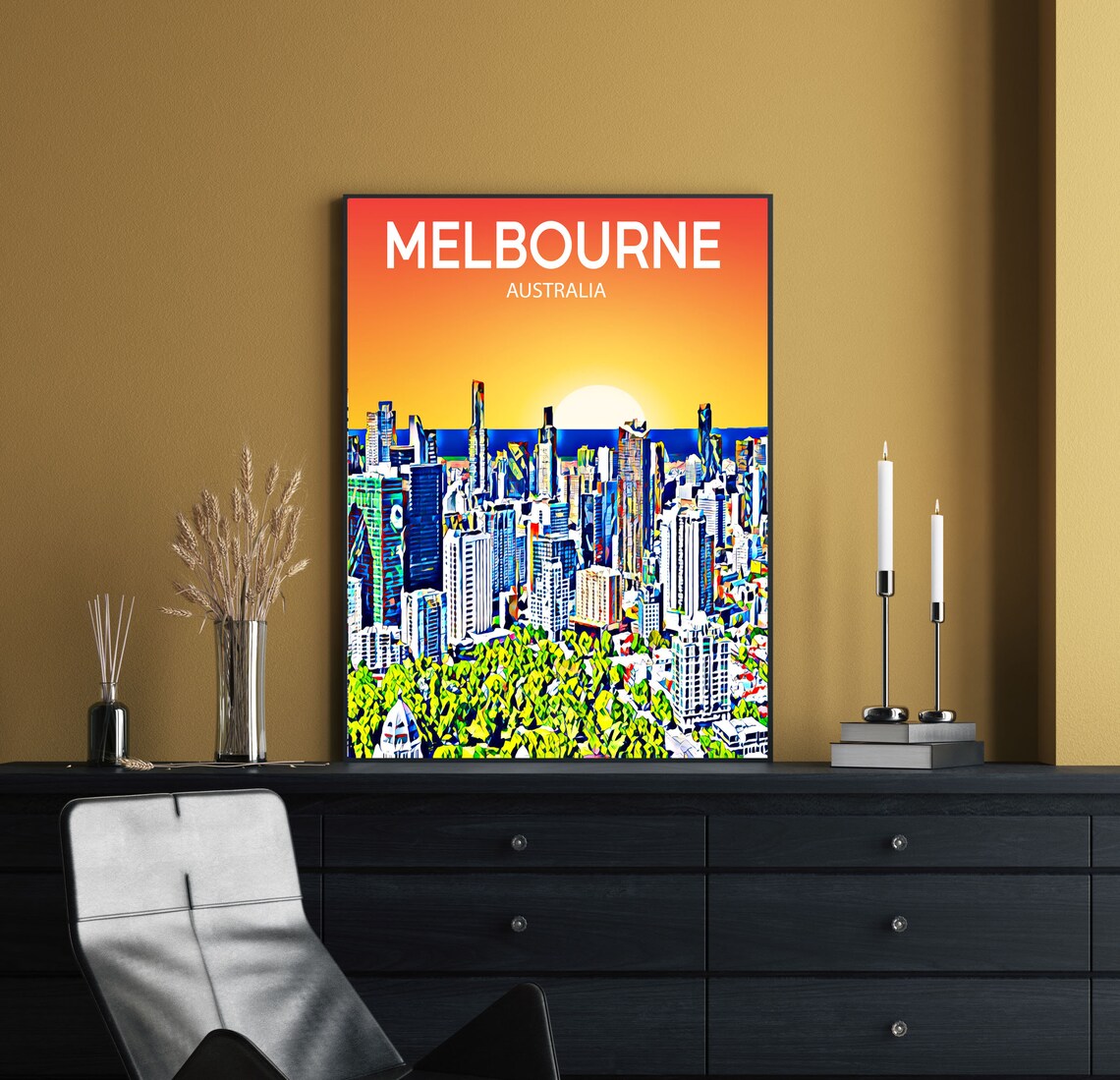 Melbourne Australia Skyscrapers Golden Sunset Bay Skyline Poster - Image 2
