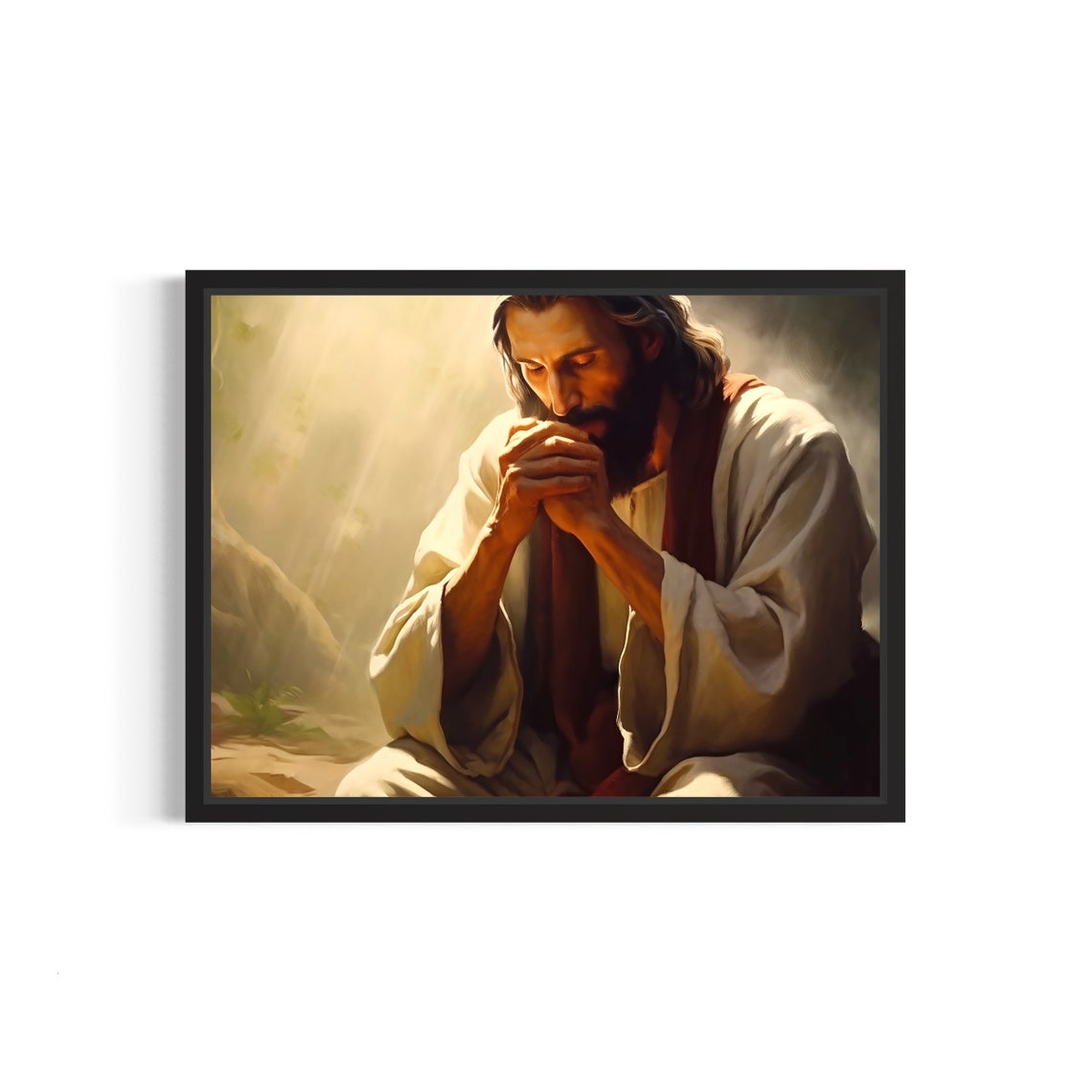 Jesus Christ Praying With Clasped Hands in Golden Light Poster