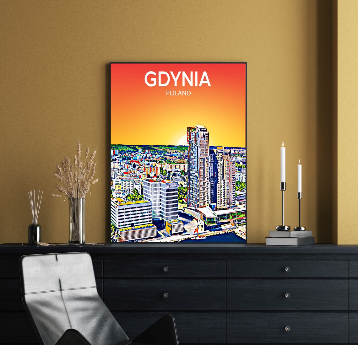 Gdynia Poland Harbor Towers Sunset Colorful Pop Art City Travel Poster - Image 2