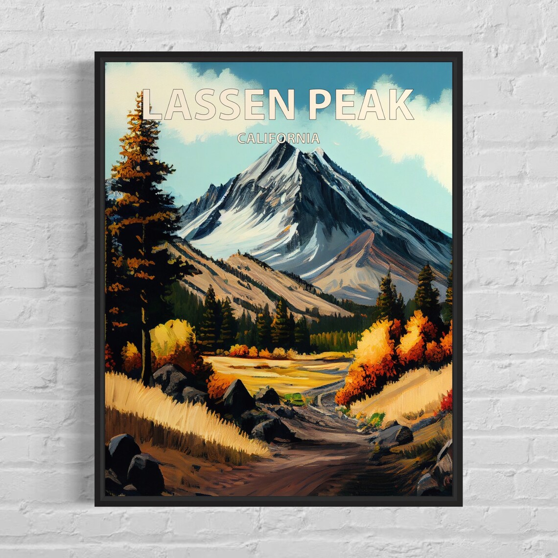 Lassen Peak California Snowy Volcano Autumn Meadow Travel Poster
