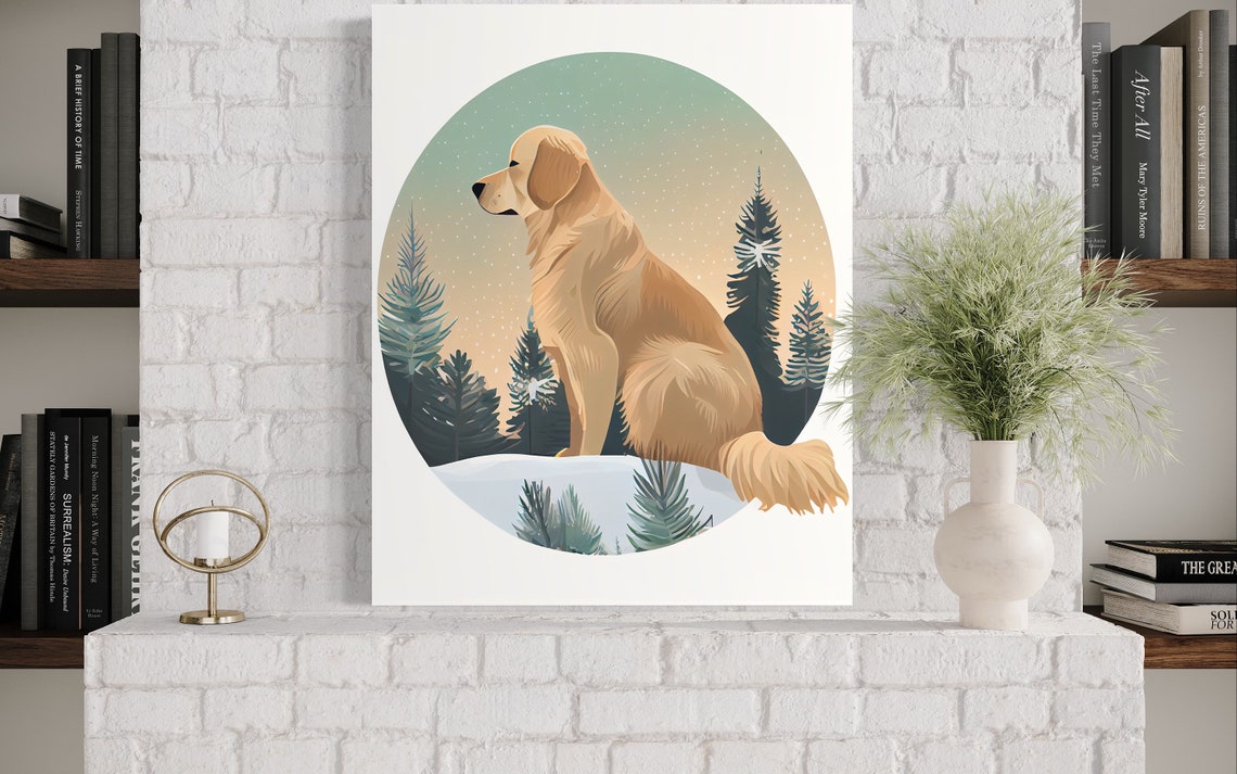 Golden Retriever Sitting in a Snowy Pine Forest Circle Poster - Image 3
