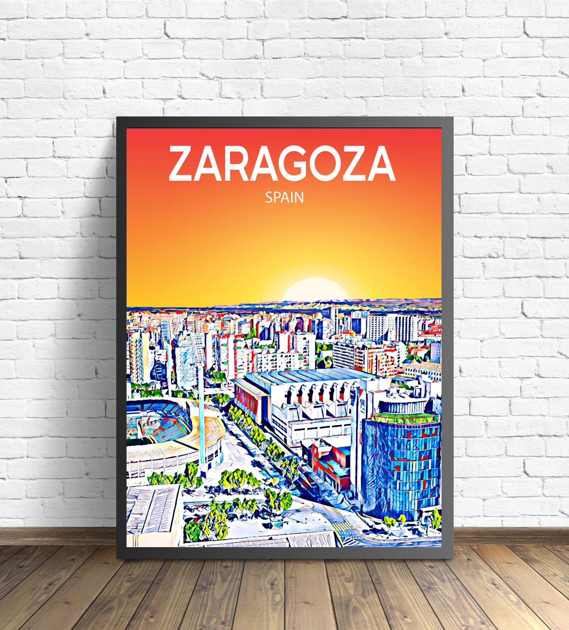 Zaragoza Spain Sunset Skyline Cityscape Panorama Pop Art Poster
