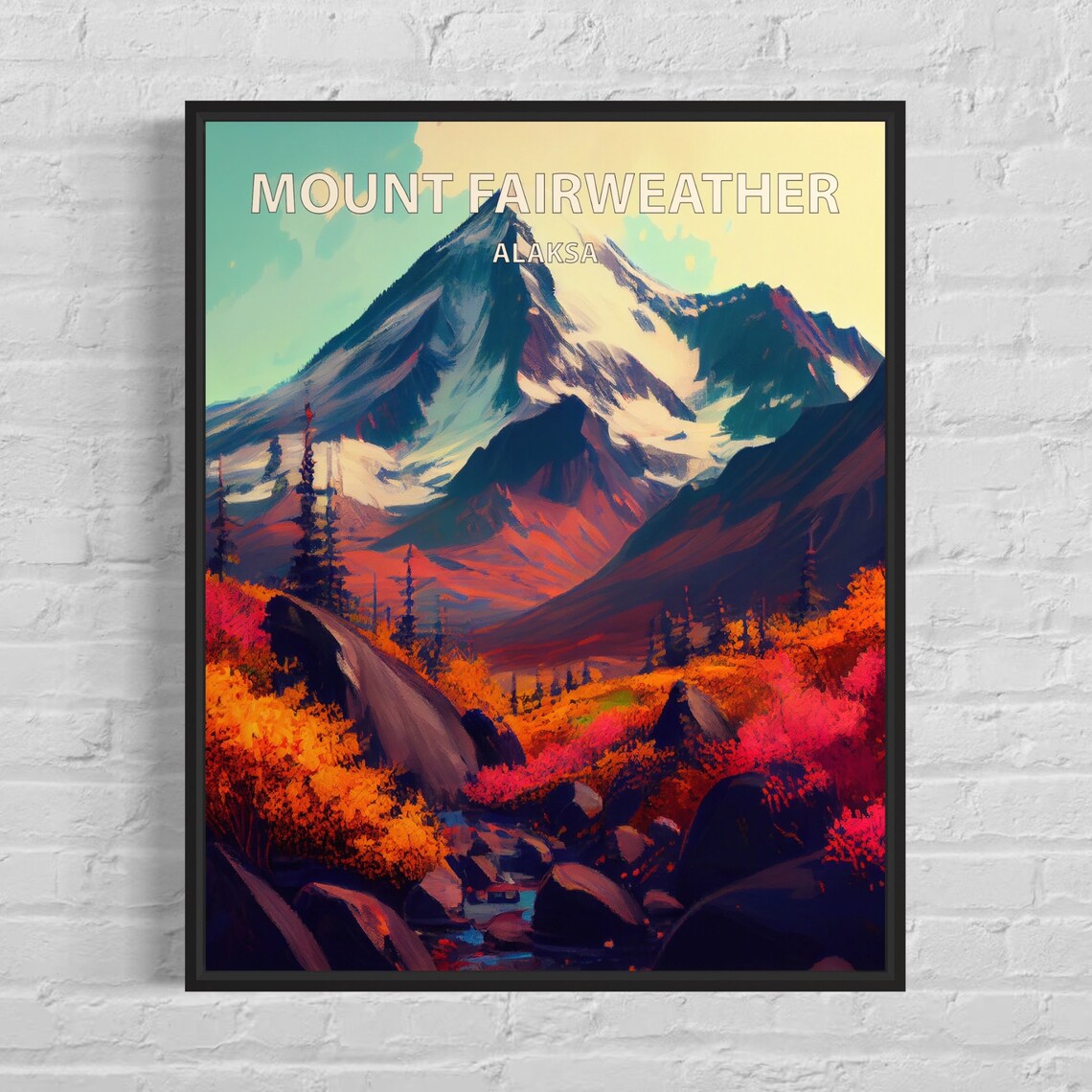 Mount Fairweather Alaksa Colorful Fall Tundra Peak Retro Travel Poster
