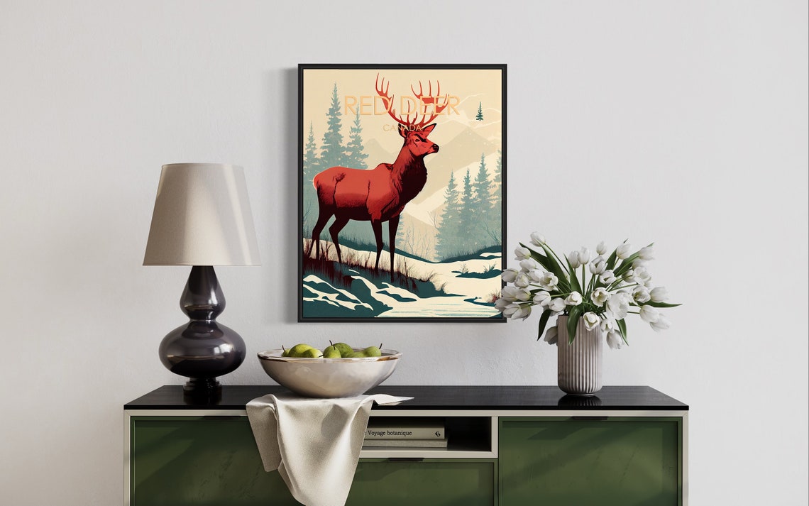 Red Deer Canada Winter Stag Pine Forest Wildlife Travel Poster - Image 2