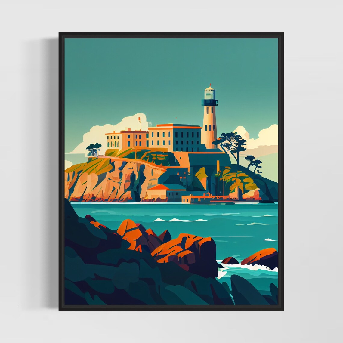 Alcatraz Island California Lighthouse Rocky Shore Vintage Poster