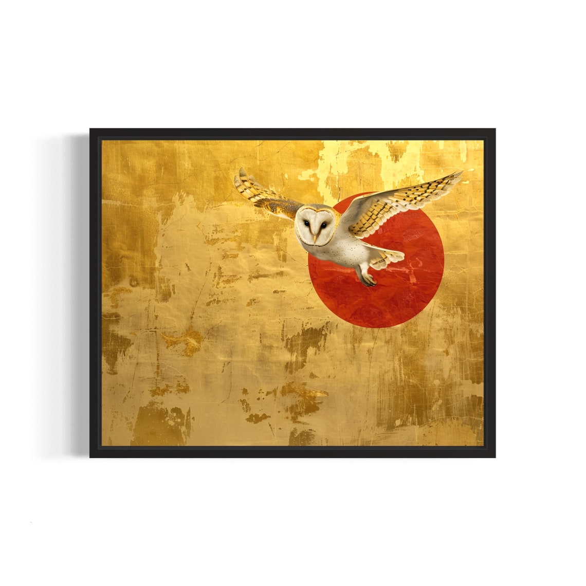 Barn Owl in Flight Facing Forward Against Red Sun Gold Poster
