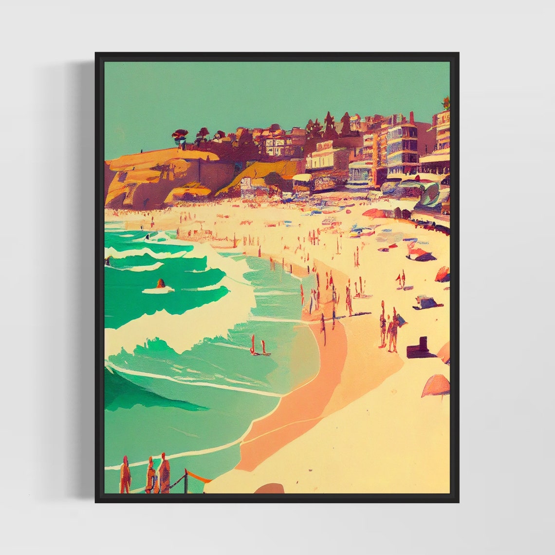 Sunlit Bondi Beach Australia Retro Crowd Scene Travel Poster