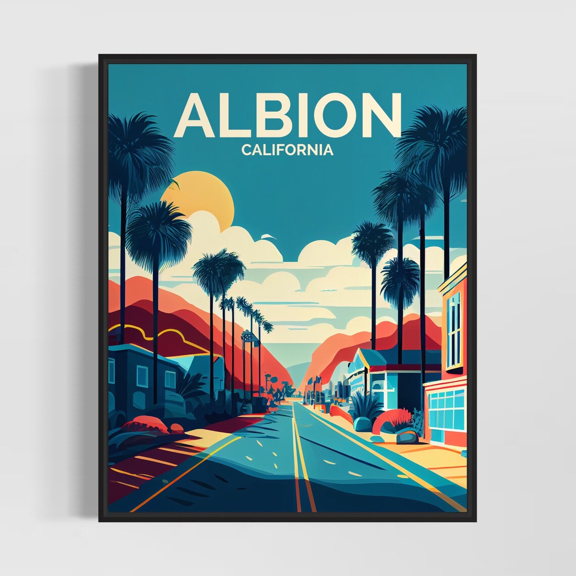 Albion California Retro Palm Tree Street Golden Sunset Poster