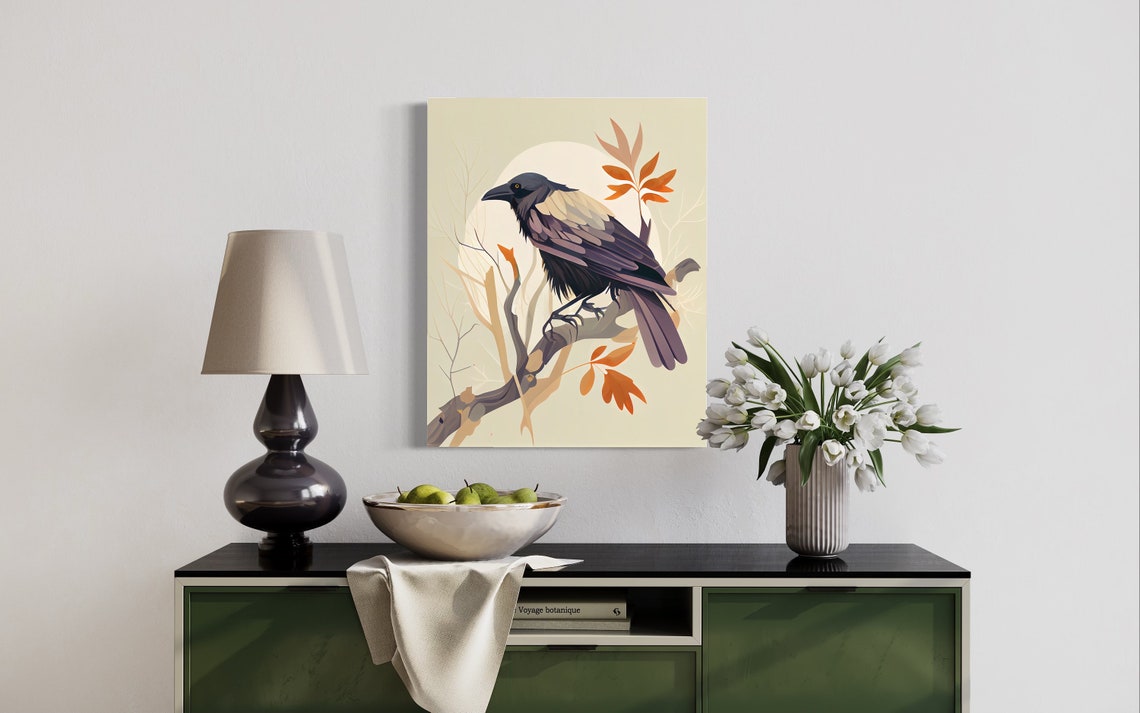 Raven Perched On Branch Moonlit Autumn Botanical Illustration Poster - Image 3