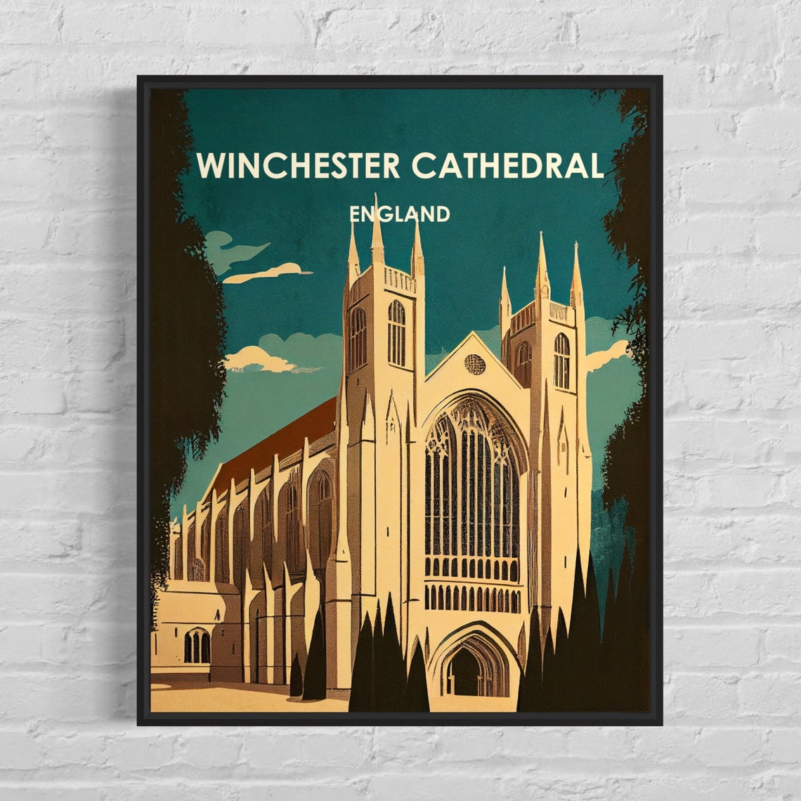 Winchester Cathedral England Gothic Night Sky Retro Art Poster