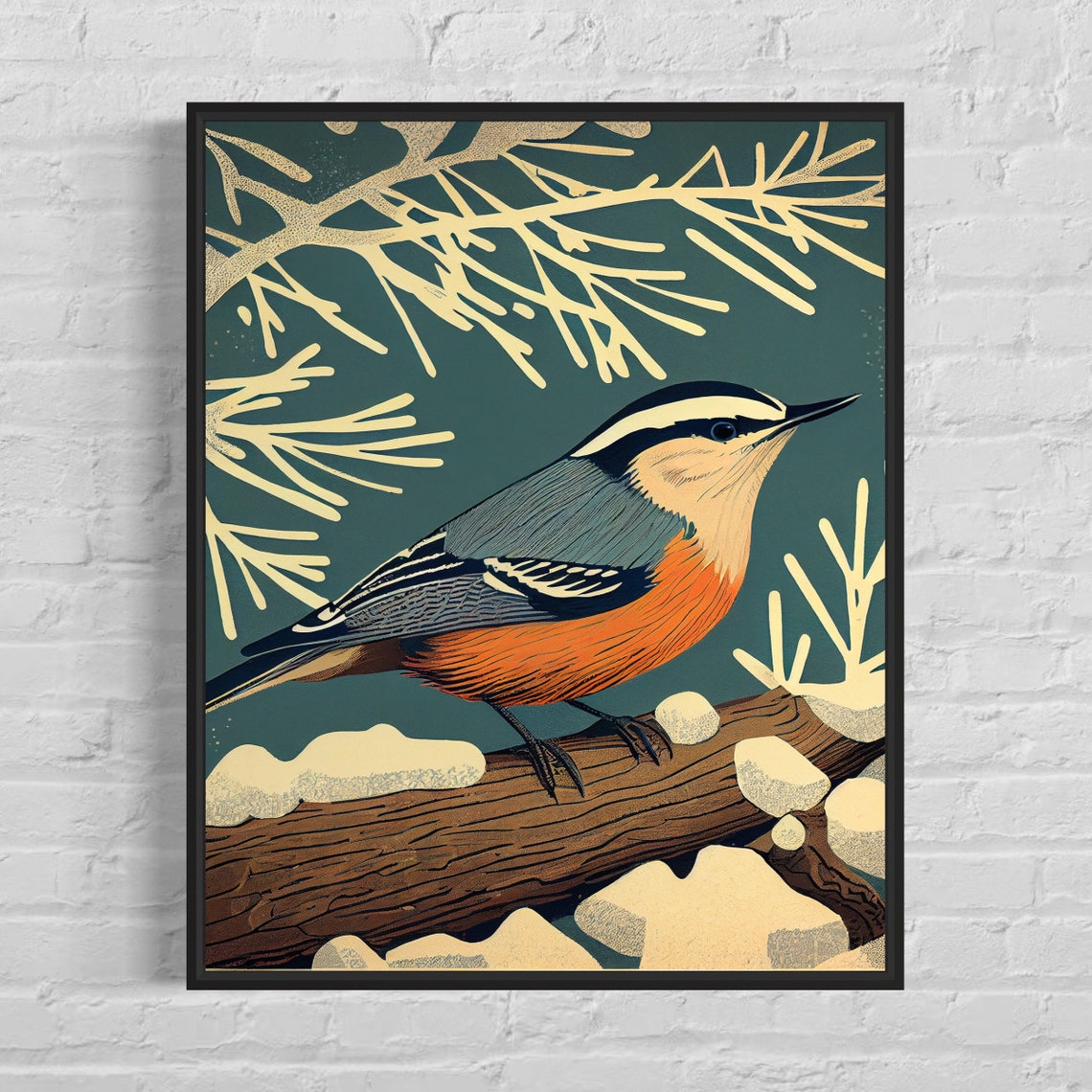 Nuthatch Bird Retro Snowy Winter Branch Portrait Illustration Poster