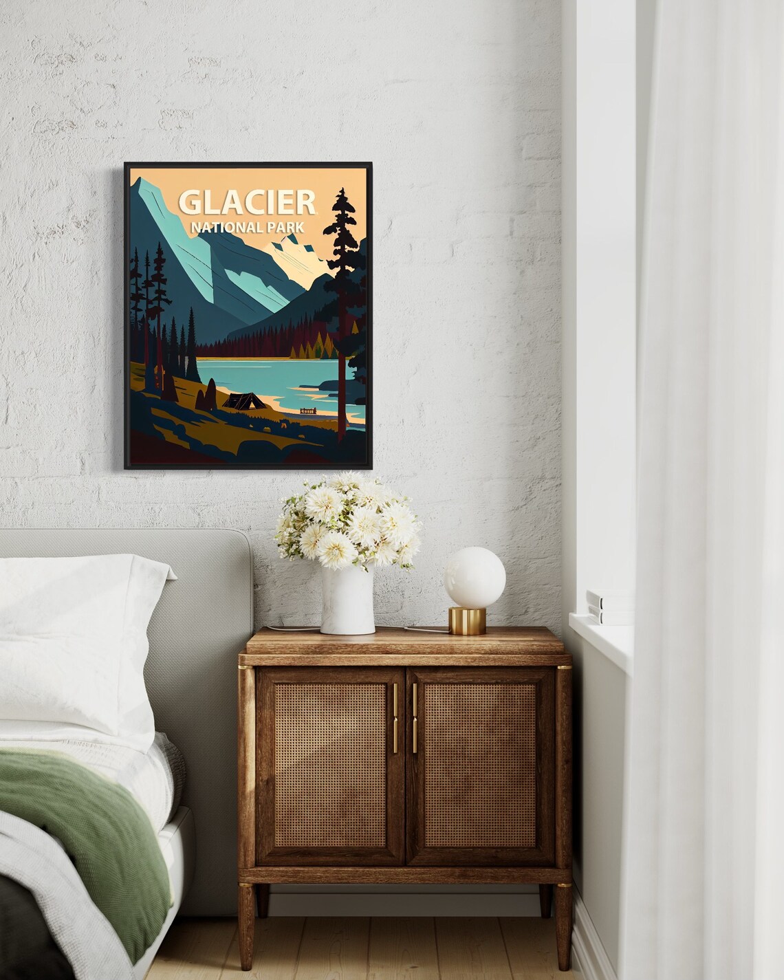 Glacier National Park Snow Peaks Lake and Tent Sunset Poster - Image 2