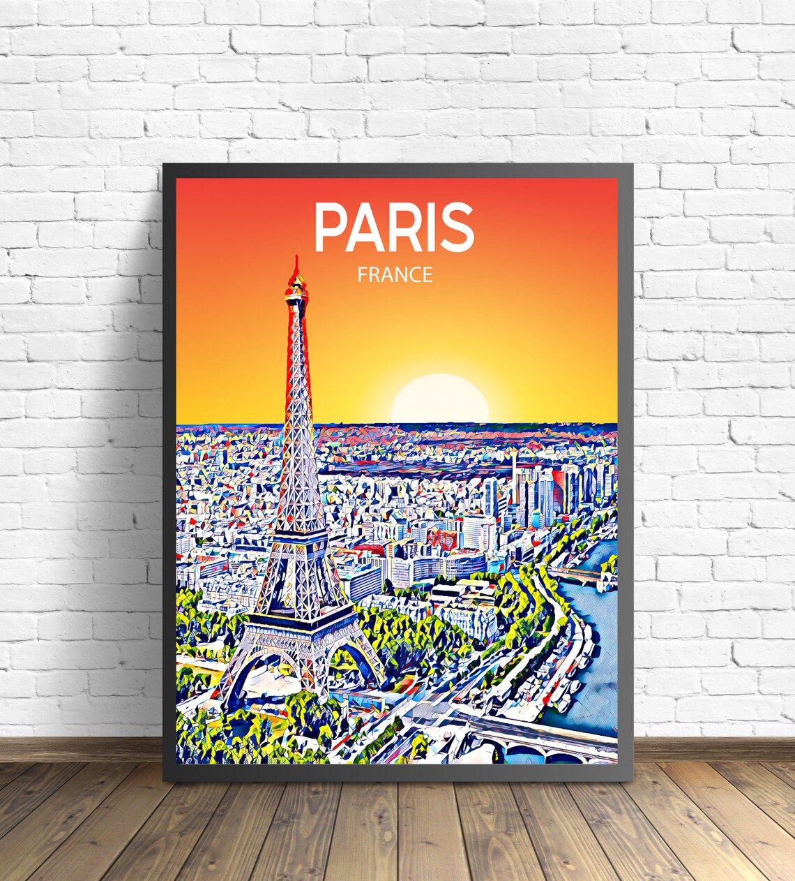 Paris France Eiffel Tower Golden Sunset Cityscape Skyline Poster