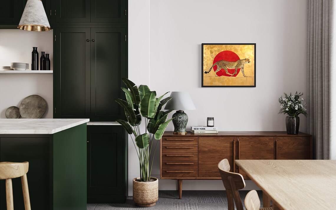 Proud Cheetah Striding Before Red Sun Golden Savanna Style Poster - Image 2